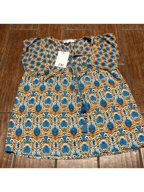 NWT DR2 Lined Tie Up Orange & Turquoise Blouse Size Small NWT